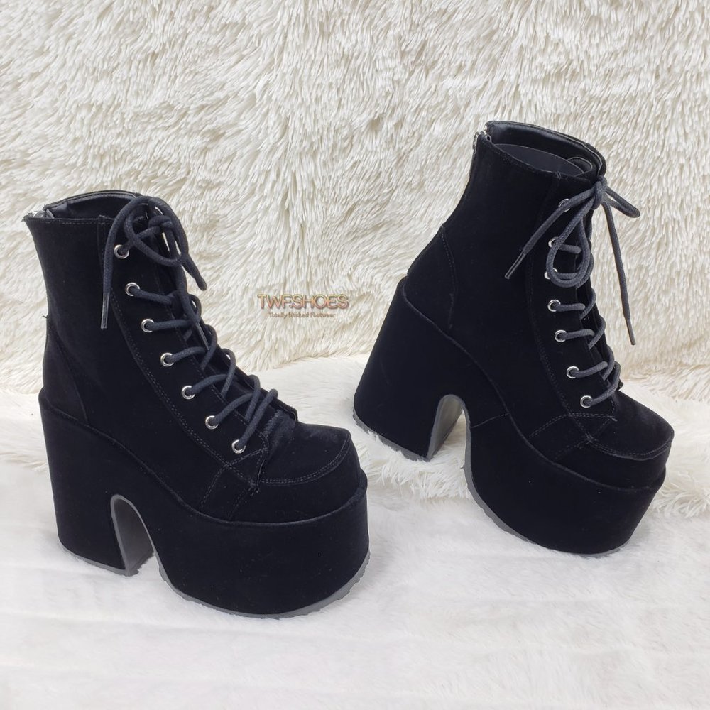 Black Velvet Platform Goth Punk Ankle Boots - Picture 12 of 15